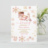 Snowflakes Baby Is Brewing Pink Winter Baby Shower 招待状 (スタンド正面)