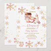 Snowflakes Baby Is Brewing Pink Winter Baby Shower 招待状 (正面/裏面)