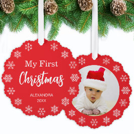 Snowflakes Baby Photo My First Christmas Red White オーナメントカード