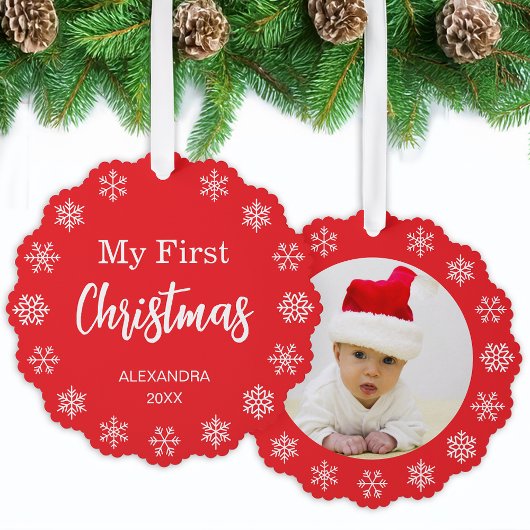 Snowflakes Baby Photo My First Christmas Red White オーナメントカード