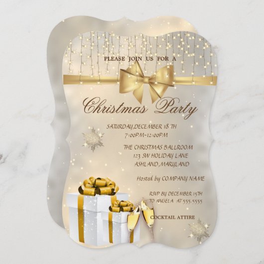Snowflakes、Bow、Presents、Companyのクリスマス・パーティ 招待状 (正面/裏面)