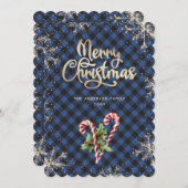 Snowflakes Candy Cane Blue Plaid Christmas Card シーズンカード (正面/裏面)