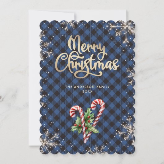 Snowflakes Candy Cane Blue Plaid Christmas Card シーズンカード (正面)