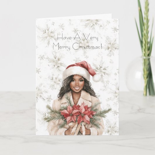 Snowflakes Christmas Black Woman Poinsettia Floral カード (正面)