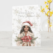 Snowflakes Christmas Black Woman Poinsettia Floral カード (黄色い花)