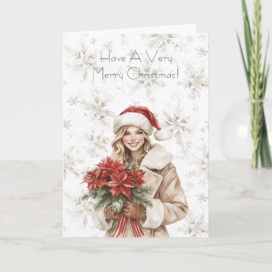Snowflakes Christmas Blond Woman Poinsettia Floral カード (正面)