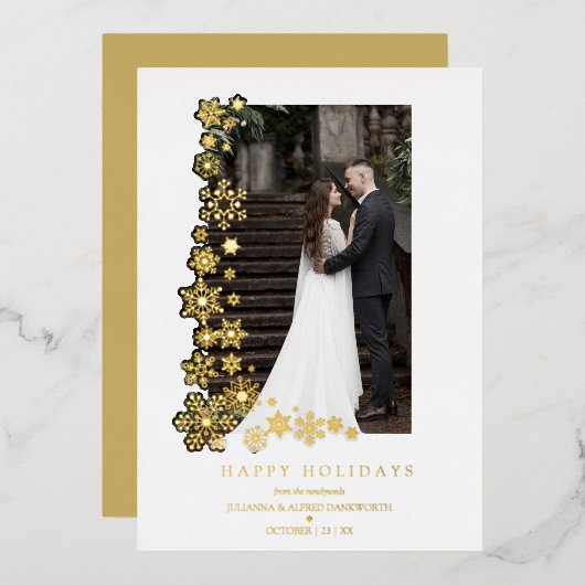 Snowflakes Frame Photo First Christmas Newlyweds 箔シーズンカード (正面/裏面)