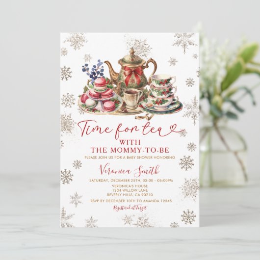 Snowflakes Glitter Time for Tea Baby Shower  招待状 (スタンド正面)
