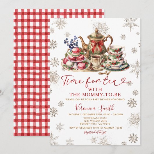Snowflakes Glitter Time for Tea Baby Shower  招待状 (正面/裏面)
