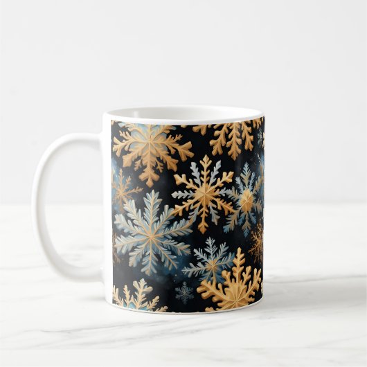 Snowflakes Magic Christmas Black Gold Blue コーヒーマグカップ (左)