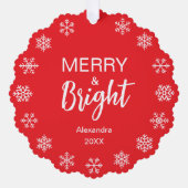 Snowflakes Merry Bright Christmas Photo Red White  オーナメントカード (正面)