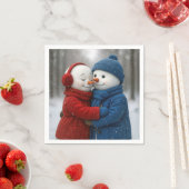 Snowflakes on Snowman Couple in Winter Forest スタンダードカクテルナプキン (インサイチュ)