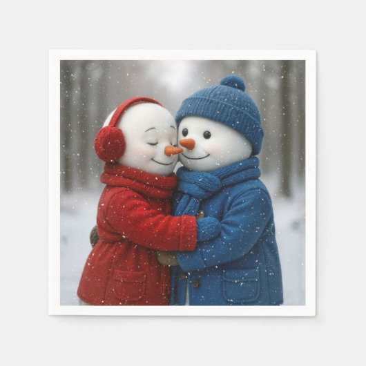 Snowflakes on Snowman Couple in Winter Forest スタンダードカクテルナプキン (正面)