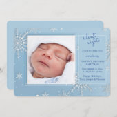 Snowflakes Photo Blue Birthのお知らせ 案内状 (正面/裏面)