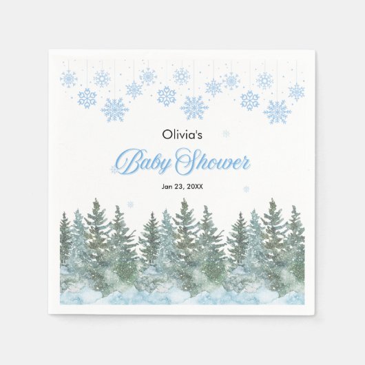 Snowflakes Pine Trees Winter Baby Shower  スタンダードカクテルナプキン (正面)