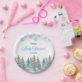 Snowflakes Pine Trees Winter Baby Shower ペーパープレート (パーティー)