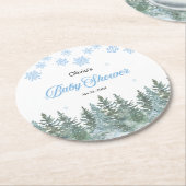 Snowflakes Pine Trees Winter Baby Shower ラウンドペーパーコースター (アングル)