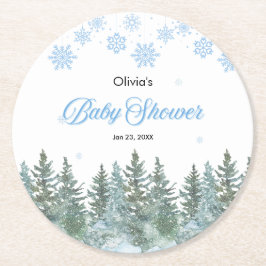 Snowflakes Pine Trees Winter Baby Shower  ラウンドペーパーコースター
