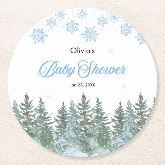 Snowflakes Pine Trees Winter Baby Shower ラウンドペーパーコースター (正面)