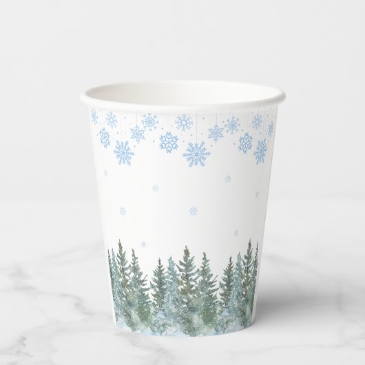 Snowflakes Pine Trees Winter Baby Shower 紙コップ (裏面)