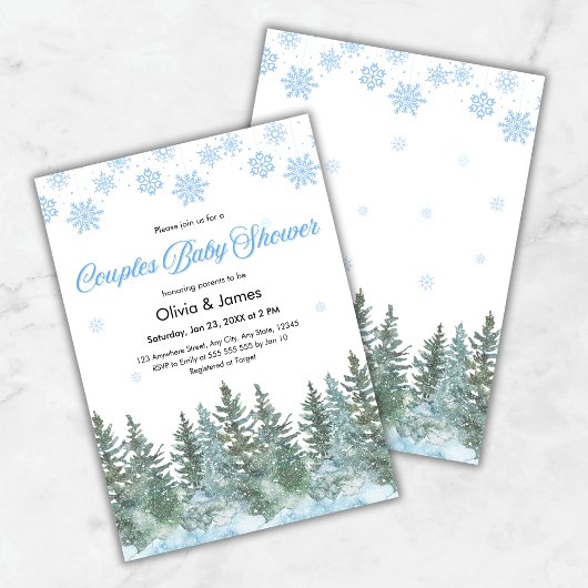 Snowflakes Pine Trees Winter Couples Baby Shower 招待状