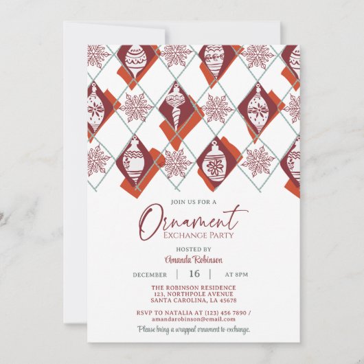 Snowflakes Red Ornament Christmas Exchange Party 招待状 (正面)