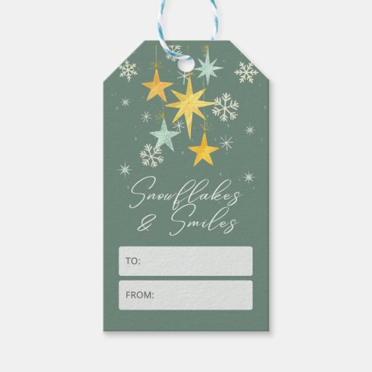 Snowflakes & Smiles | グリーンとイエローのクリスマス ギフトタグ (正面)