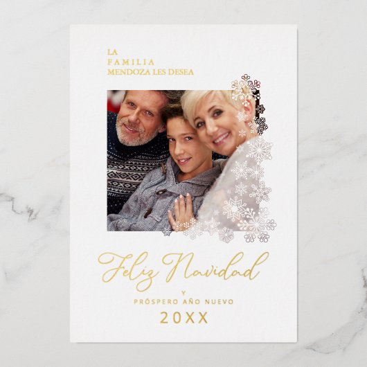Snowflakes Spanish Modern Elegant Chic Christmas  箔シーズンカード (正面)