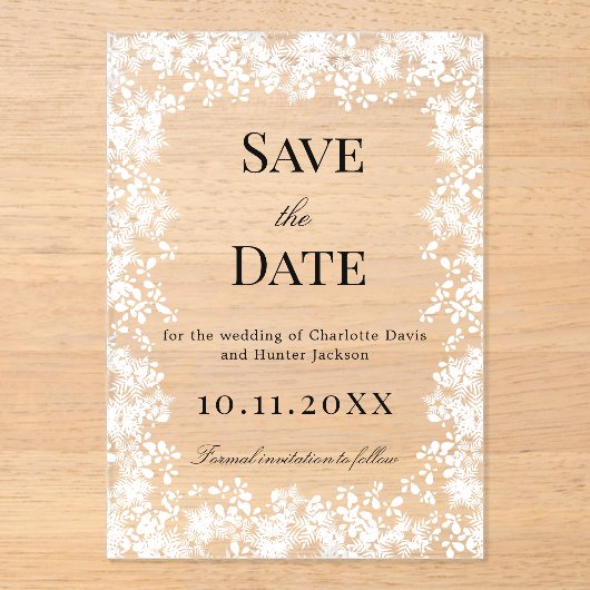 Snowflakes winter clear wedding Save the Date card アクリル招待状 (正面)