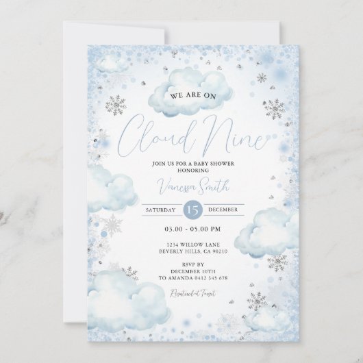 Snowflakes Winter We Are On Cloud Nine Baby Shower 招待状 (正面)