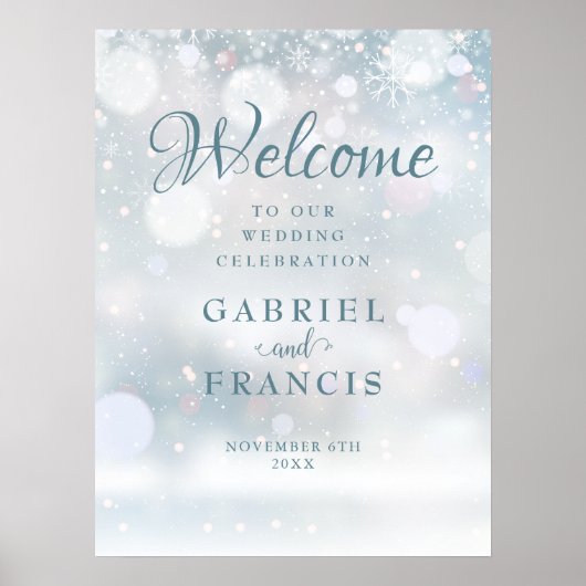 Snowflakes Winter Wedding Welcome Sign ポスター (正面)
