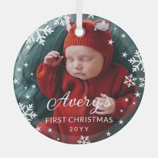 Snowflaks & Starsベビー第1回クリスマスフォト ガラスオーナメント