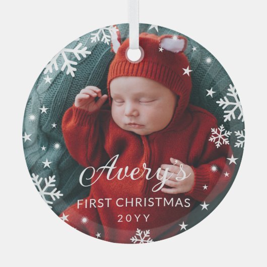 Snowflaks & Starsベビー第1回クリスマスフォト ガラスオーナメント (正面)