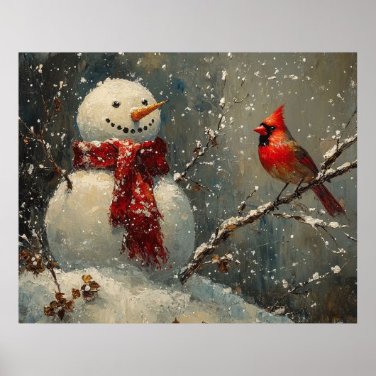 Snowman and a Cardinal Oil Painting ポスター (正面)