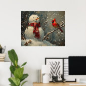 Snowman and a Cardinal Oil Painting ポスター (ホームオフィス)
