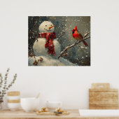 Snowman and a Cardinal Oil Painting ポスター (キッチン)