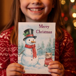 Snowman  and Cat Merry Christmas Kids  シーズンカード