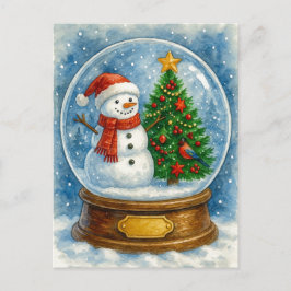 Snowman and Christmas Tree Snow Globe Postcard シーズンポストカード