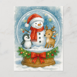 Snowman and Friends Christmas Snow Globe Postcard シーズンポストカード