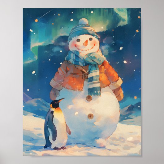Snowman and Penguin Northern Lights Winter Nursery ポスター (正面)