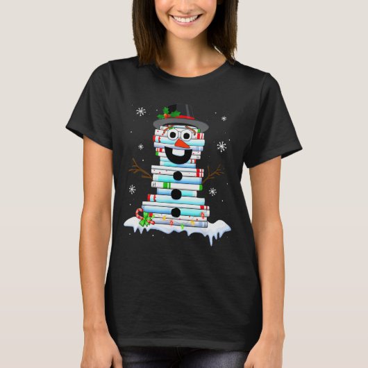 Snowman Book Stack Librarian Book Lover Christmas Tシャツ (正面)