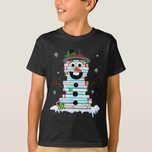 Snowman Book Stack Librarian Book Lover Christmas  Tシャツ (正面)