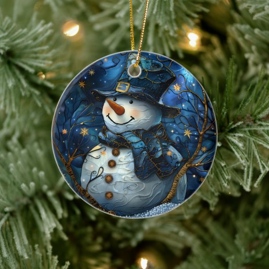 Snowman Christmas Ornament Blue Faux Stained Glass セラミックオーナメント (ツリー)