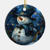 Snowman Christmas Ornament Blue Faux Stained Glass セラミックオーナメント (正面)