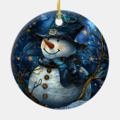 Snowman Christmas Ornament Blue Faux Stained Glass セラミックオーナメント (裏面)