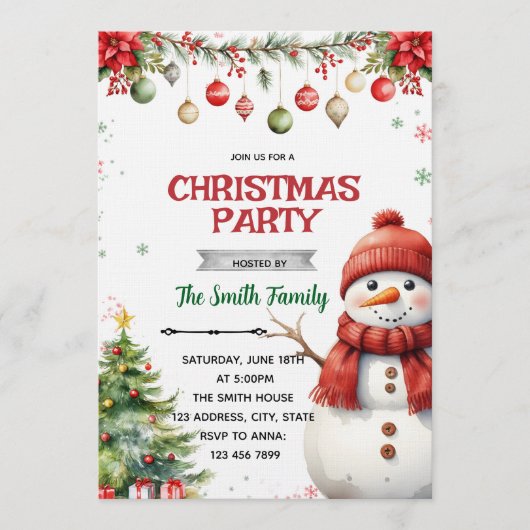  Snowman Christmas Party Invitation 招待状 (正面)