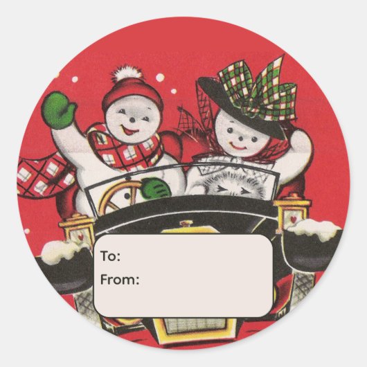 Snowman Couple in Car Personalized To and From ラウンドシール (正面)