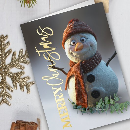 Snowman cozy handwritten script merry christmas 箔グリーティングカード