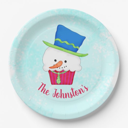 Snowman Cupcake Name Personalized Dessert Party ペーパープレート (正面)
