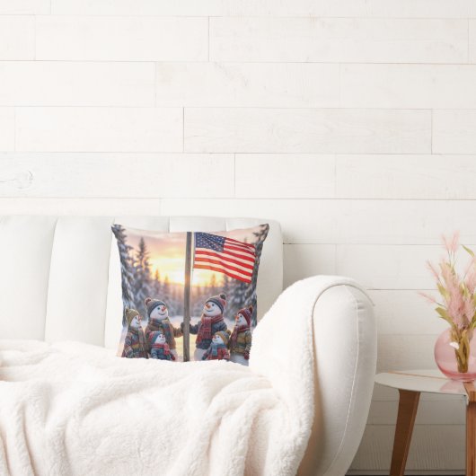 Snowman Family Gathering Around a Flagpole クッション (ソファ)